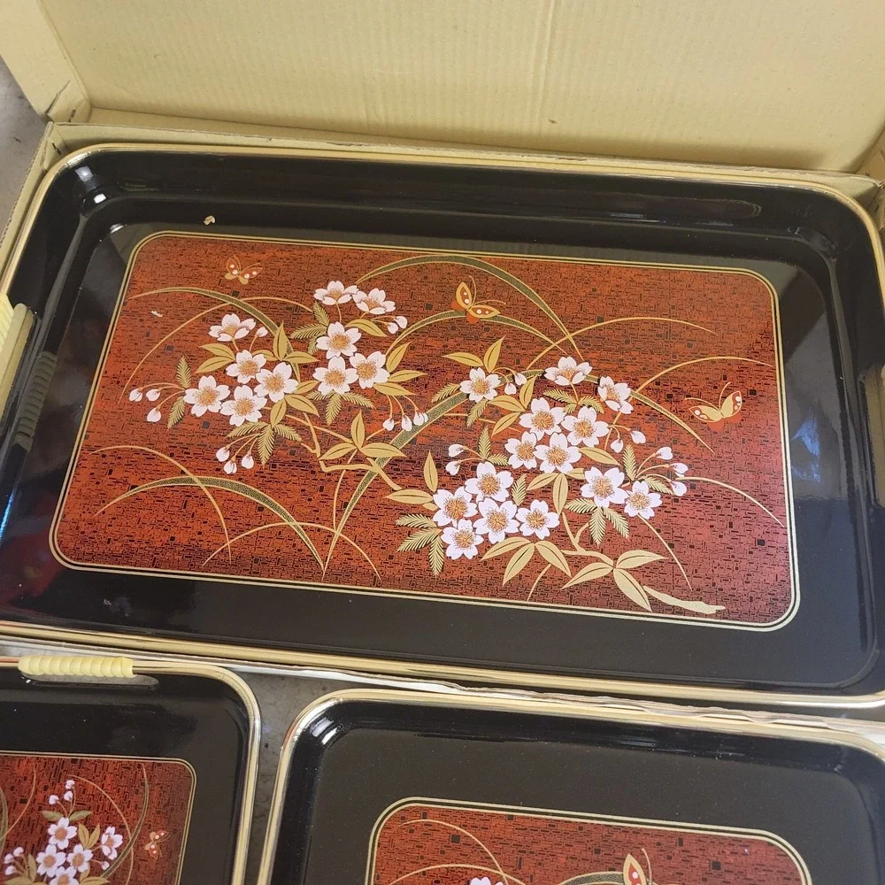 Vintage Toyo Japan 3pc Nested Lacquer Serving Tray Set Floral Butterflies Box